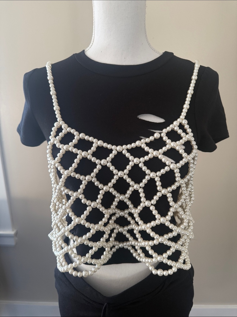 Urban Outfitters Pearl Lattice Crop Top - Black & White